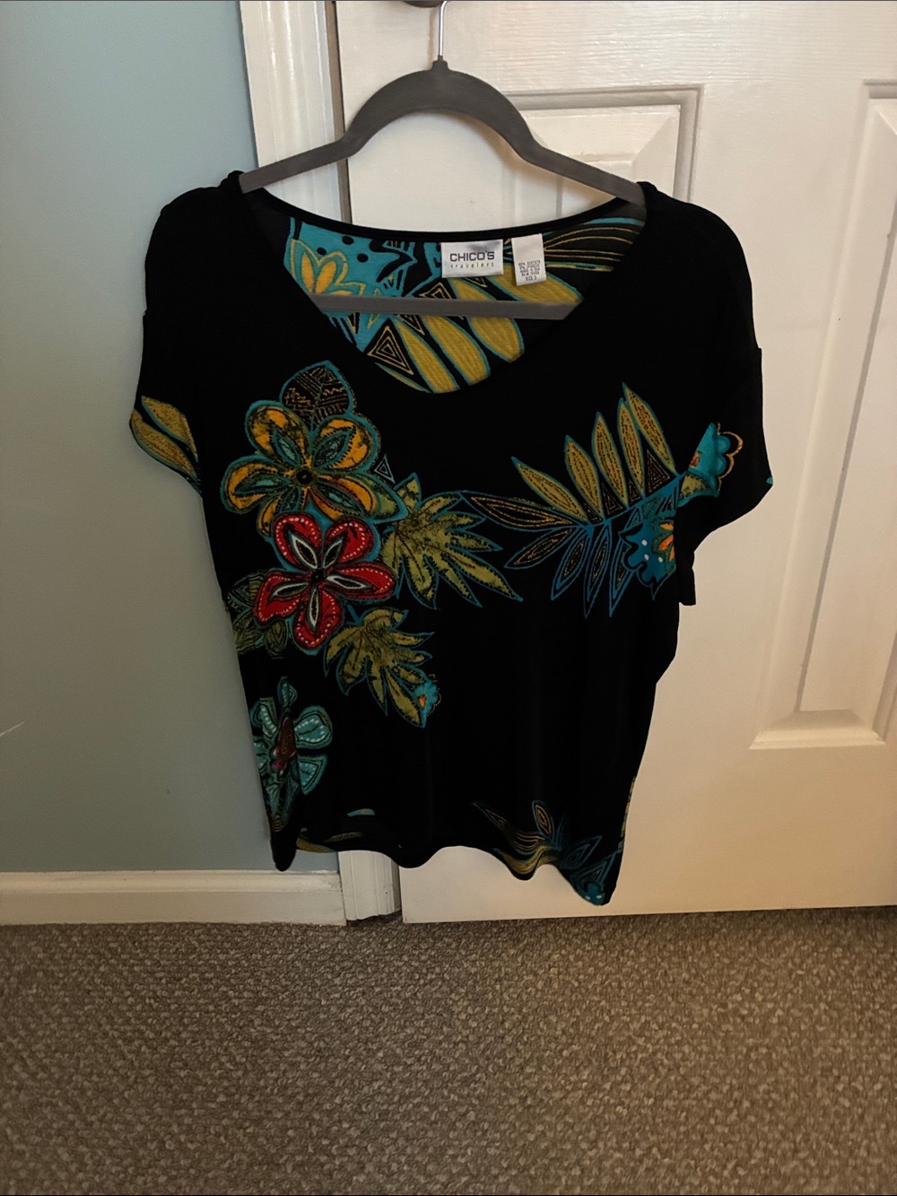 Chico's Black Short Sleeve V-Neck Floral Top with Teal, Yellow & Red Accents